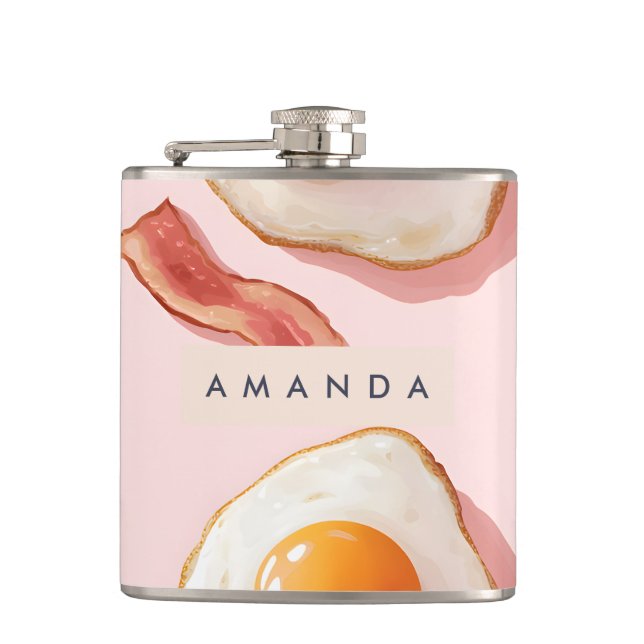 Personalized Pink Fried Eggs and Bacon Pattern Hip Flask (Front)