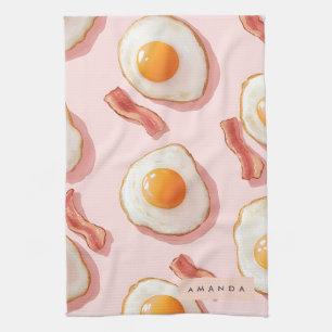 Personalized Pink Fried Eggs and Bacon Pattern Kitchen Towel