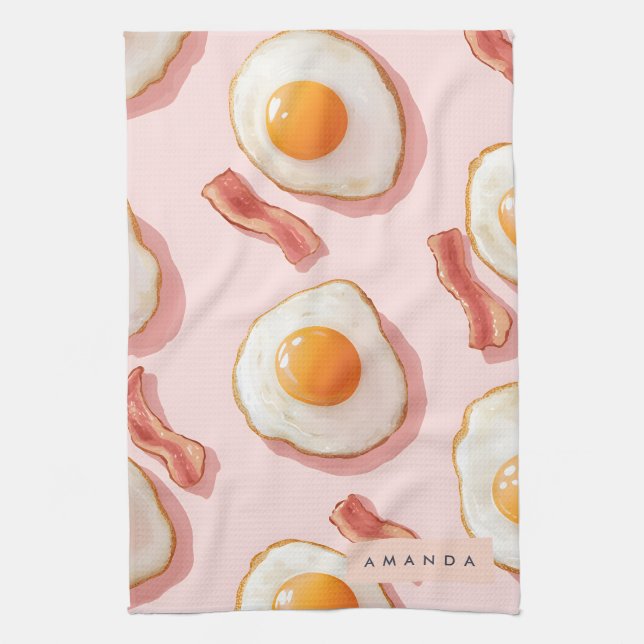 Personalized Pink Fried Eggs and Bacon Pattern Kitchen Towel (Vertical)