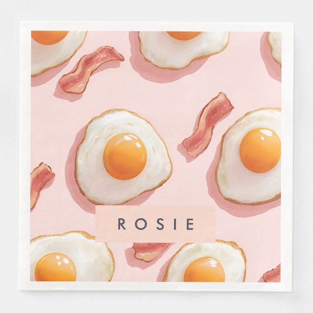 Personalized Pink Fried Eggs and Bacon Pattern Napkin (Front)