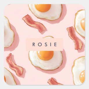 Personalized Pink Fried Eggs and Bacon Pattern Square Sticker