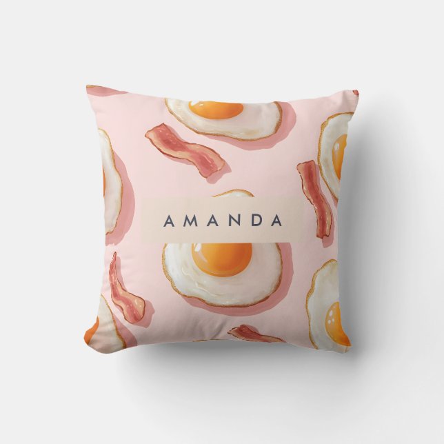 Personalized Pink Fried Eggs and Bacon Pattern Throw Pillow (Front)