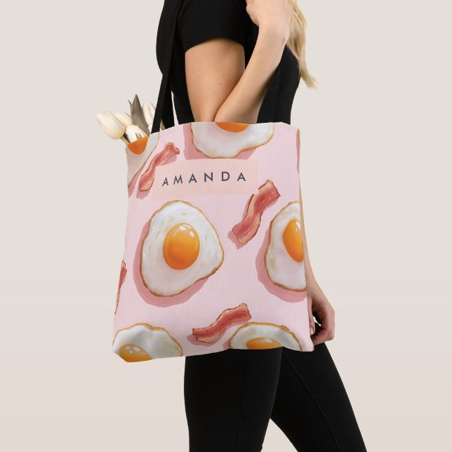 Personalized Pink Fried Eggs and Bacon Pattern Tote Bag (Close Up)