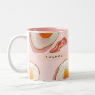 Personalized Pink Fried Eggs and Bacon Pattern Two-Tone Coffee Mug