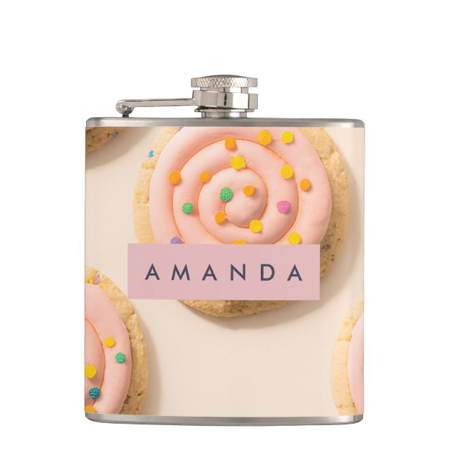 Personalized Pink Frosted Cookie Pattern Hip Flask (Front)