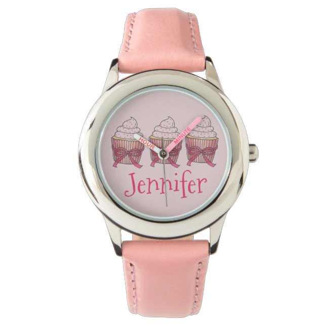 Personalized Pink Frosted Cupcake Cupcakes Watch (Front)