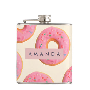 Personalized Pink Frosted Doughnut Pattern Hip Flask