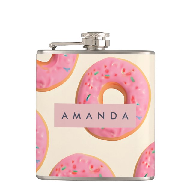 Personalized Pink Frosted Doughnut Pattern Hip Flask (Front)