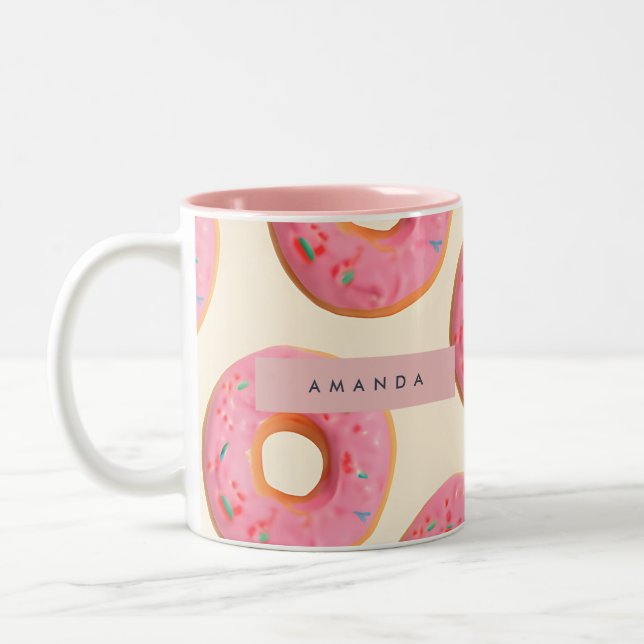 Personalized Pink Frosted Doughnut Pattern Two-Tone Coffee Mug (Left)