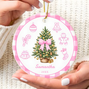 Personalized Pink Gingham Bow Christmas Ornament