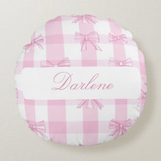 Personalized Pink Gingham Bow Round Pillow