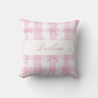 Personalized Pink Gingham Bow Throw Pillow