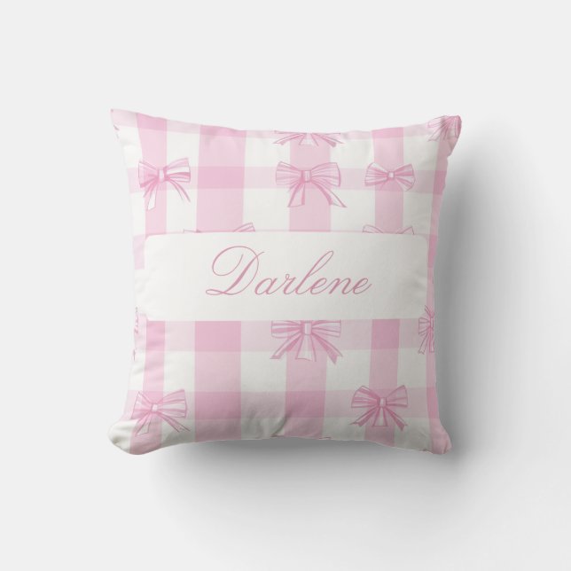Personalized Pink Gingham Bow Throw Pillow (Front)