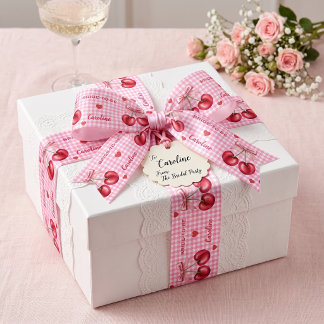 Personalized Pink Gingham Cherry Bride-to-Be Satin Ribbon
