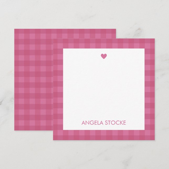 Personalized Pink Gingham Note Card (Front/Back)