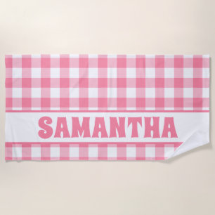 Personalized Pink Gingham Plaid Kids Name Beach Towel