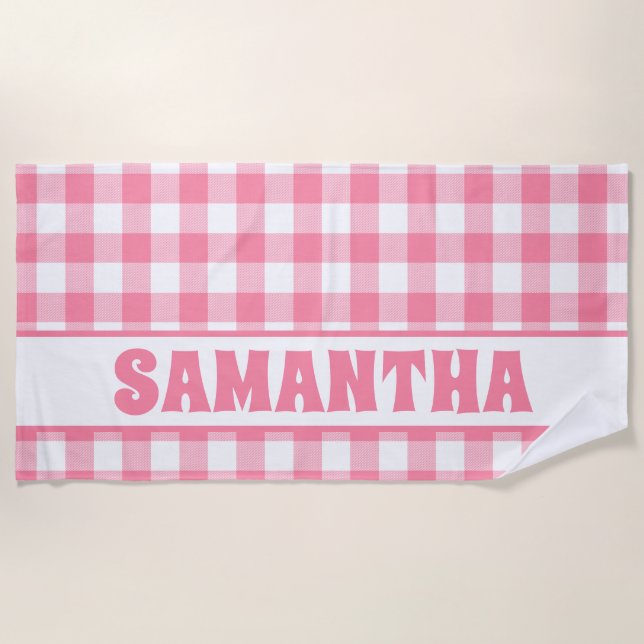 Personalized Pink Gingham Plaid Kids Name Beach Towel (Front)