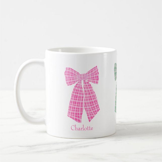 Personalized Pink Gingham Romantic Coquette Bow Coffee Mug (Left)