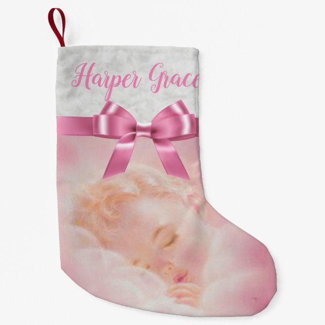 Personalized Pink Girl Baby Sleeping Small Christmas Stocking (Front)