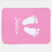 Personalized pink girl footprints baby blanket (Horizontal)