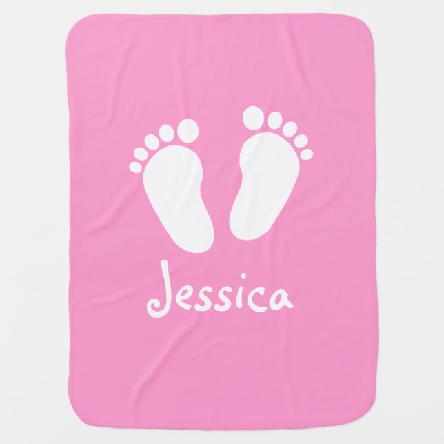Personalized pink girl footprints baby blanket (Front)