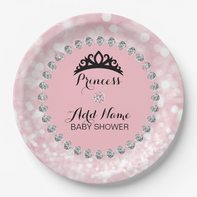 Personalized Pink Girl Princess Baby Shower Paper Plate (Front)