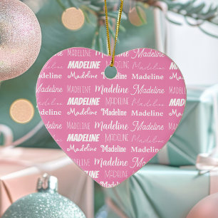 Personalized Pink Girls Name Collage Christmas Ceramic Ornament
