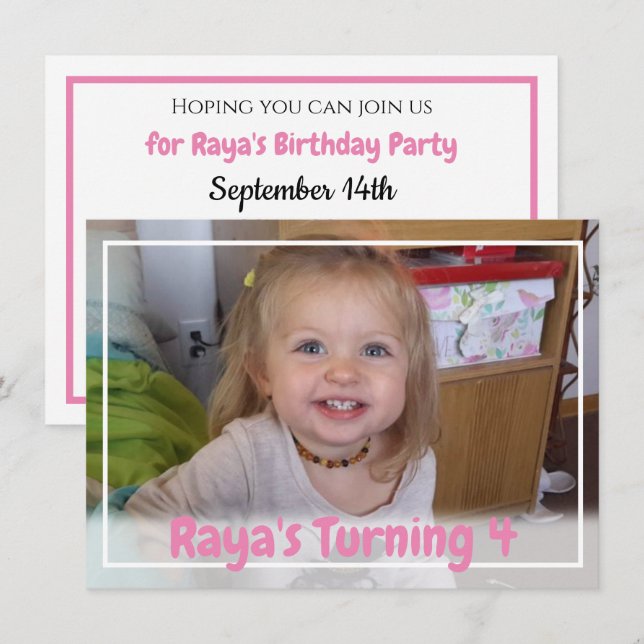 Personalized Pink Girl's Photo Birthday Invitation (Front/Back)