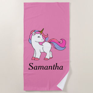 Personalized Pink Girly Unicorn Beach Towel