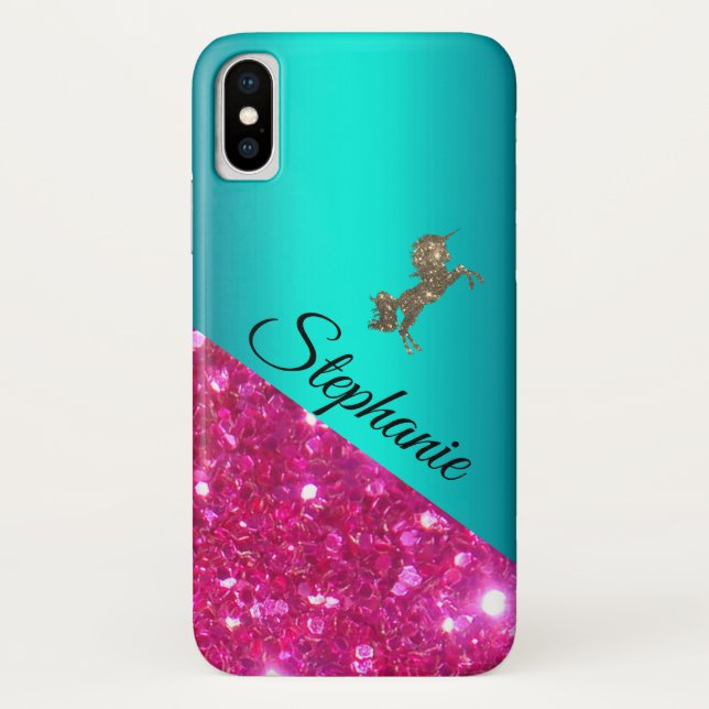 Personalized Pink Glitter and Aqua Sparkly Unicorn Case-Mate iPhone Case (Back)