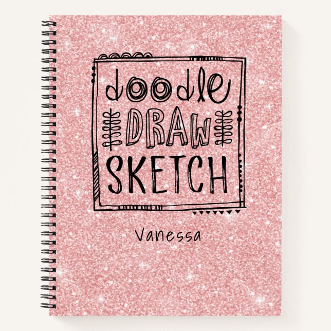 Personalized Pink Glitter Artist Sketchbook Notebook (Front)