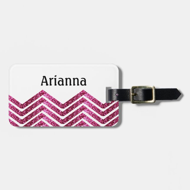 Personalized Pink Glitter Chevron Bling Tag (Front Horizontal)