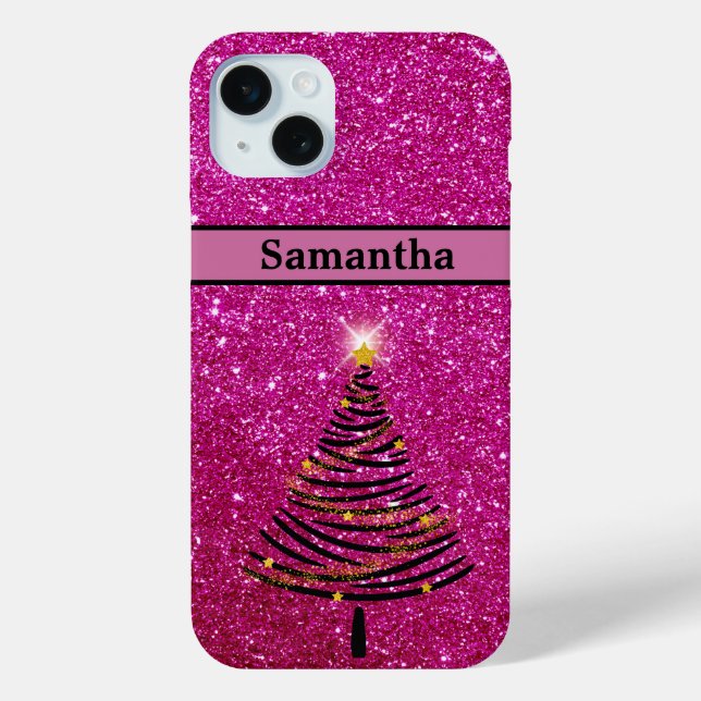 Personalized Pink Glitter Christmas Tree Case-Mate iPhone Case (Back)