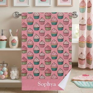 Personalized Pink Glitter Cupcake Bath Towel
