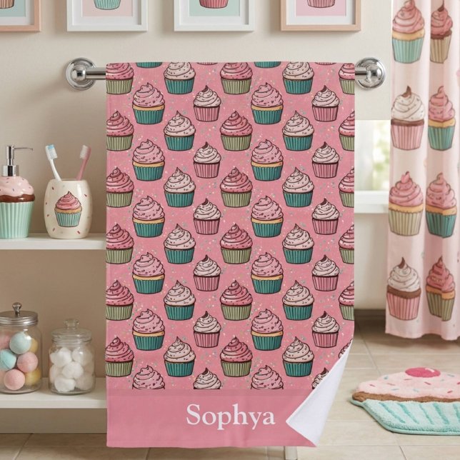 Personalized Pink Glitter Cupcake Bath Towel (Creator Uploaded)