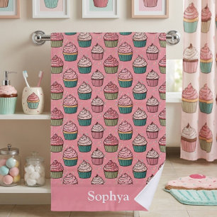 Personalized Pink Glitter Cupcake Beach Towel