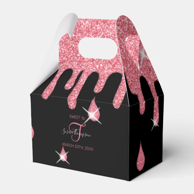 Personalized Pink Glitter Effect Sparkles Birthday Favor Box (Front Side)