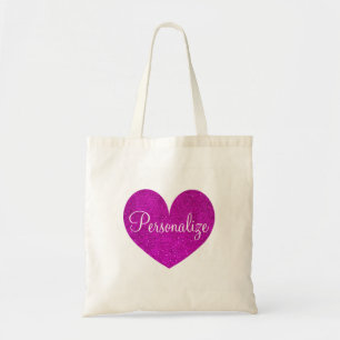 Personalized pink glitter love heart tote bag