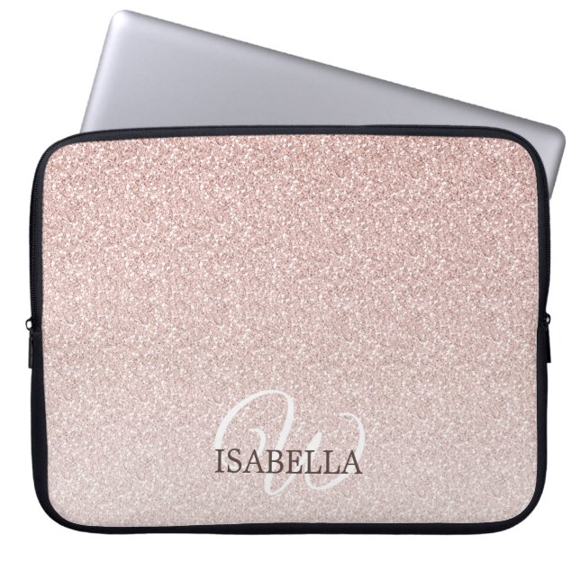 Personalized Pink Glitter Ombre Name Monogram Laptop Sleeve (Front)