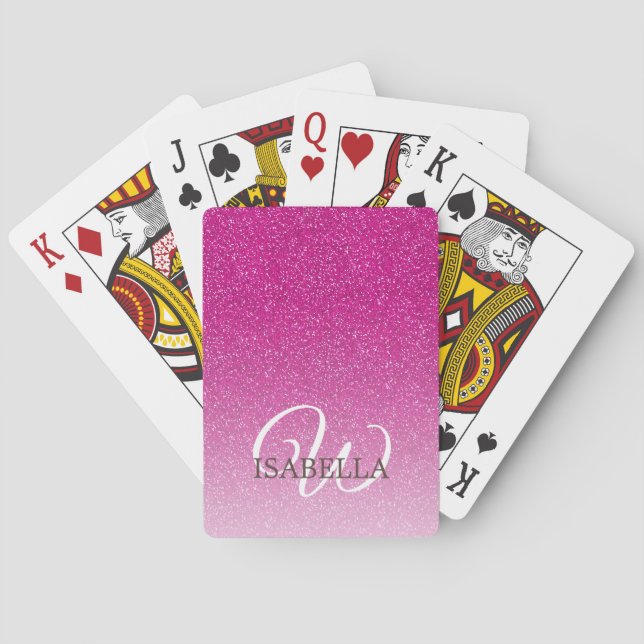Personalized Pink Glitter Ombre Name Monogram Playing Cards (Back)