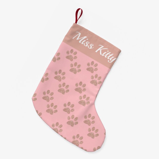 Personalized Pink Glitter Paw Print Pattern Pets Small Christmas Stocking (Front (Hanging))