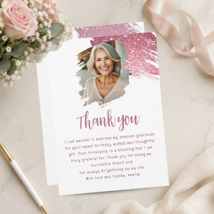 Personalized Pink Glitter Photo Birthday Thank You Card