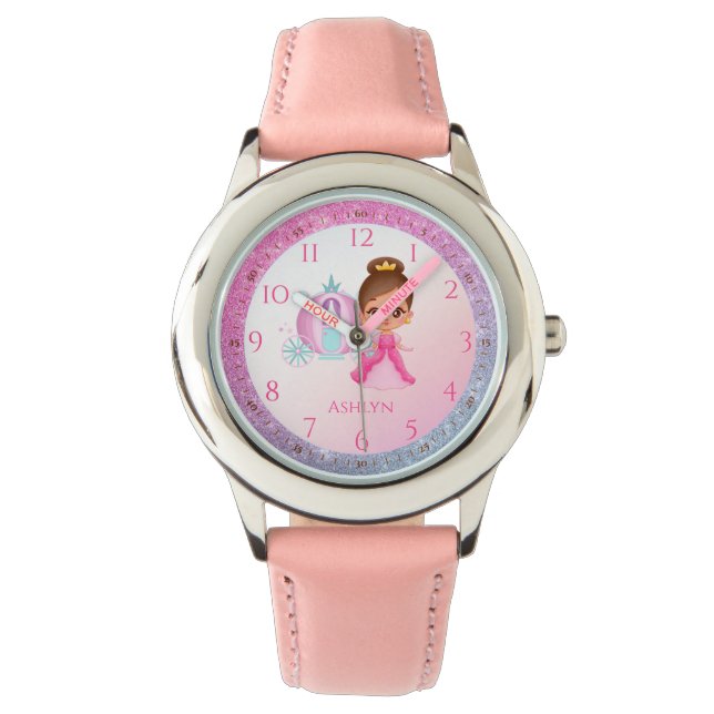 Personalized Pink Glitter Princess Learning Watch (Front)