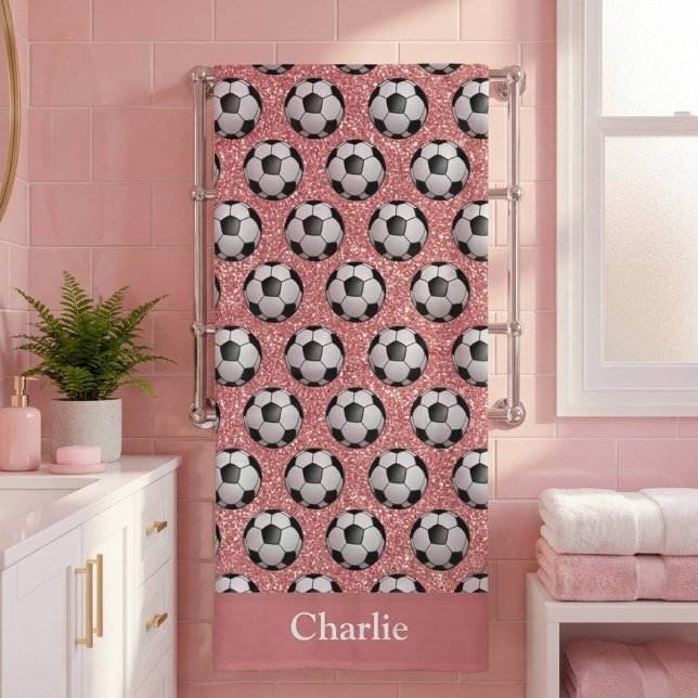 Personalized Pink Glitter Soccer Ball Bath Towel (Creator Uploaded)