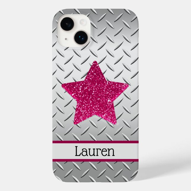 Personalized Pink Glitter Star on Metallic Case-Mate iPhone Case (Back)