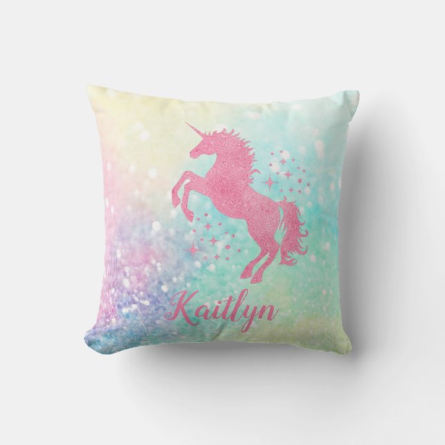 Personalized Pink Glitter Unicorn and Rainbow  Throw Pillow (Front)