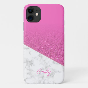 Personalized Pink Glitter - White Marble iPhone 11 Case