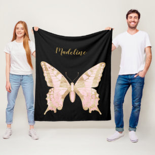 Personalized Pink & Gold Butterfly Fleece Blanket