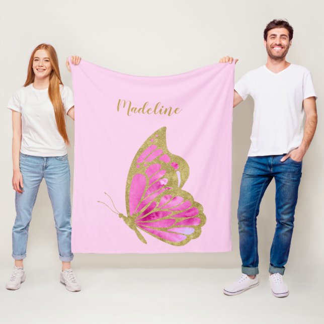 Personalized Pink & Gold Butterfly Fleece Blanket (In Situ)