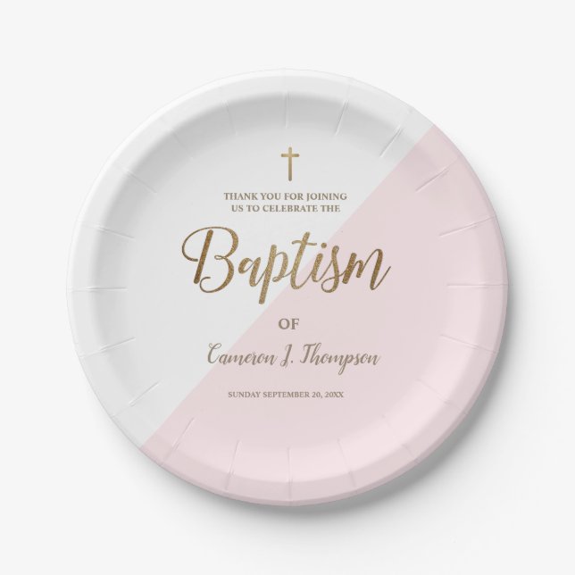 Personalized pink Gold Cross Baby Baptism custom  Paper Plate (Front)